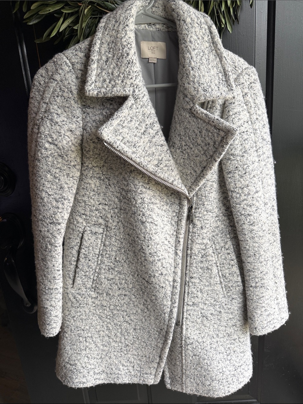 LOFT Light Gray Tweed Asymmetric Zip Pea Coat